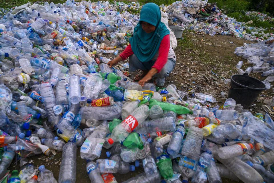 ibu ibuu yang sedang memilah sampah plastik