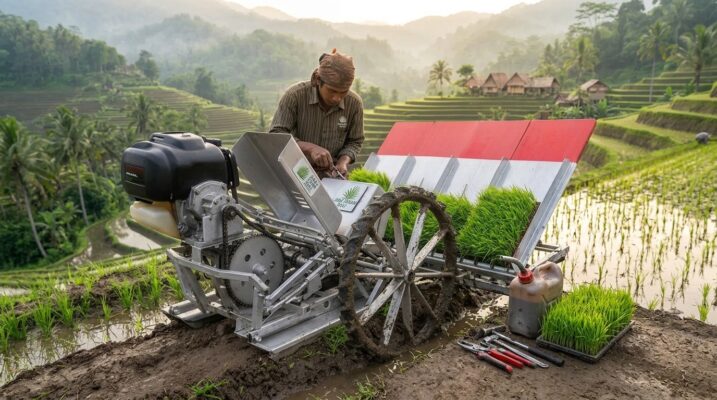 alat tanam padi disiapkan penyedia jasa di tepi sawah
