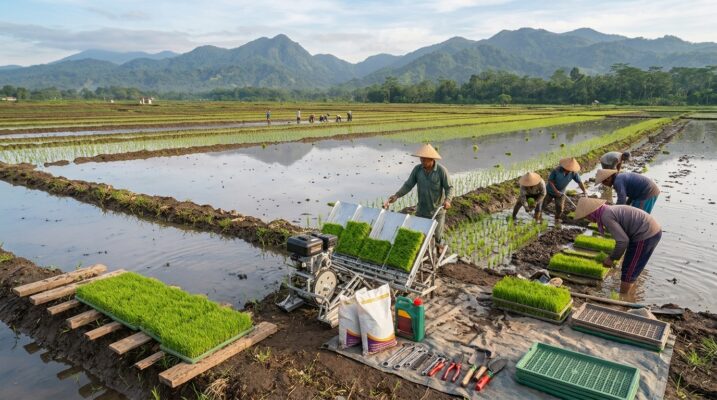 alat tanam padi enam baris dan petakan sawah
