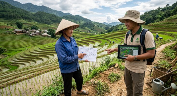 operator dan petani membahas jadwal penanaman di sawah